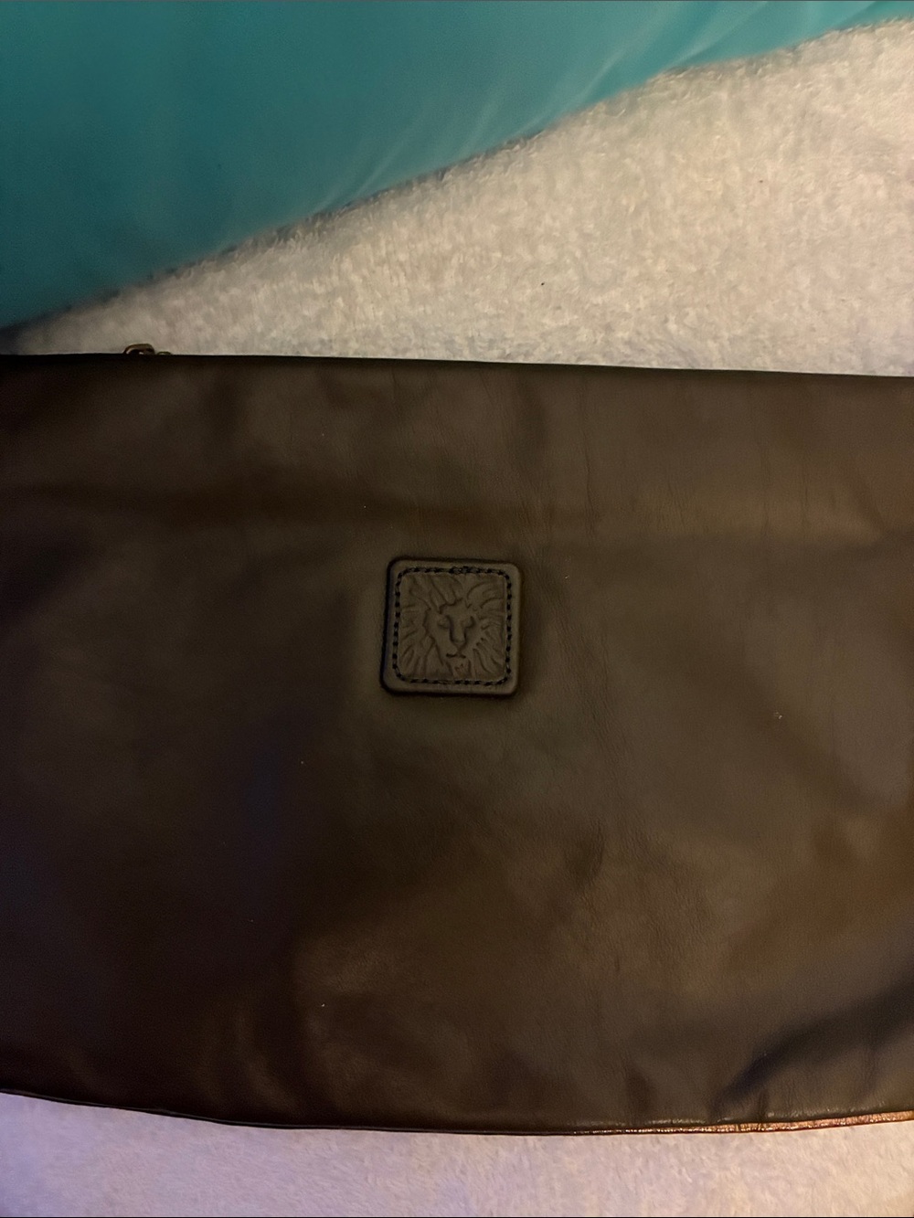 Vintage Ann Klein Leather Clutch-1970’s Taupe Lion Logo Bag